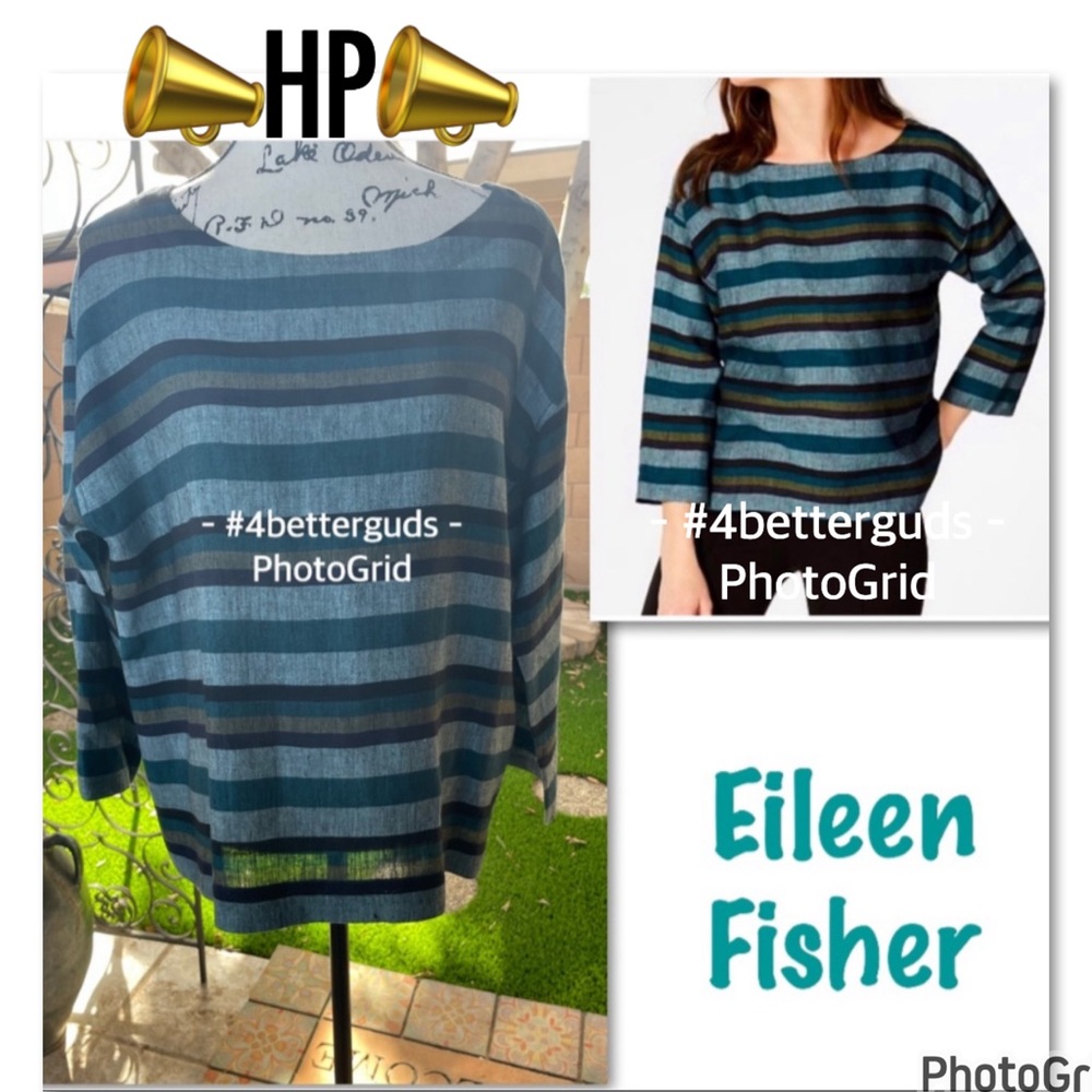 Eileen Fisher Organic All Linen Teal Blue Multi Striped Boxy Blouse Petite PL PG